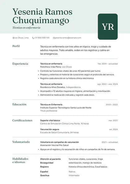 CV de ejemplo «Campo menta» para técnica en enfermería