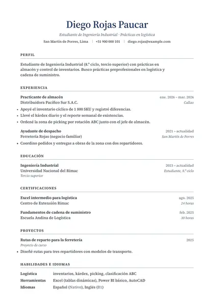 CV de ejemplo «Harvard exacto» para practicante de logística